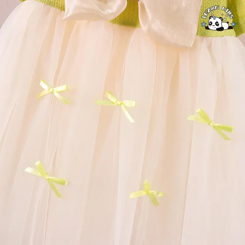 LEZONKIDS - Custom Bow Waistband Puff Sleeve Breathable Summer Tulle Boutique Dress Toddlers Girls' Casual Formal Sweet Long Party Dress
